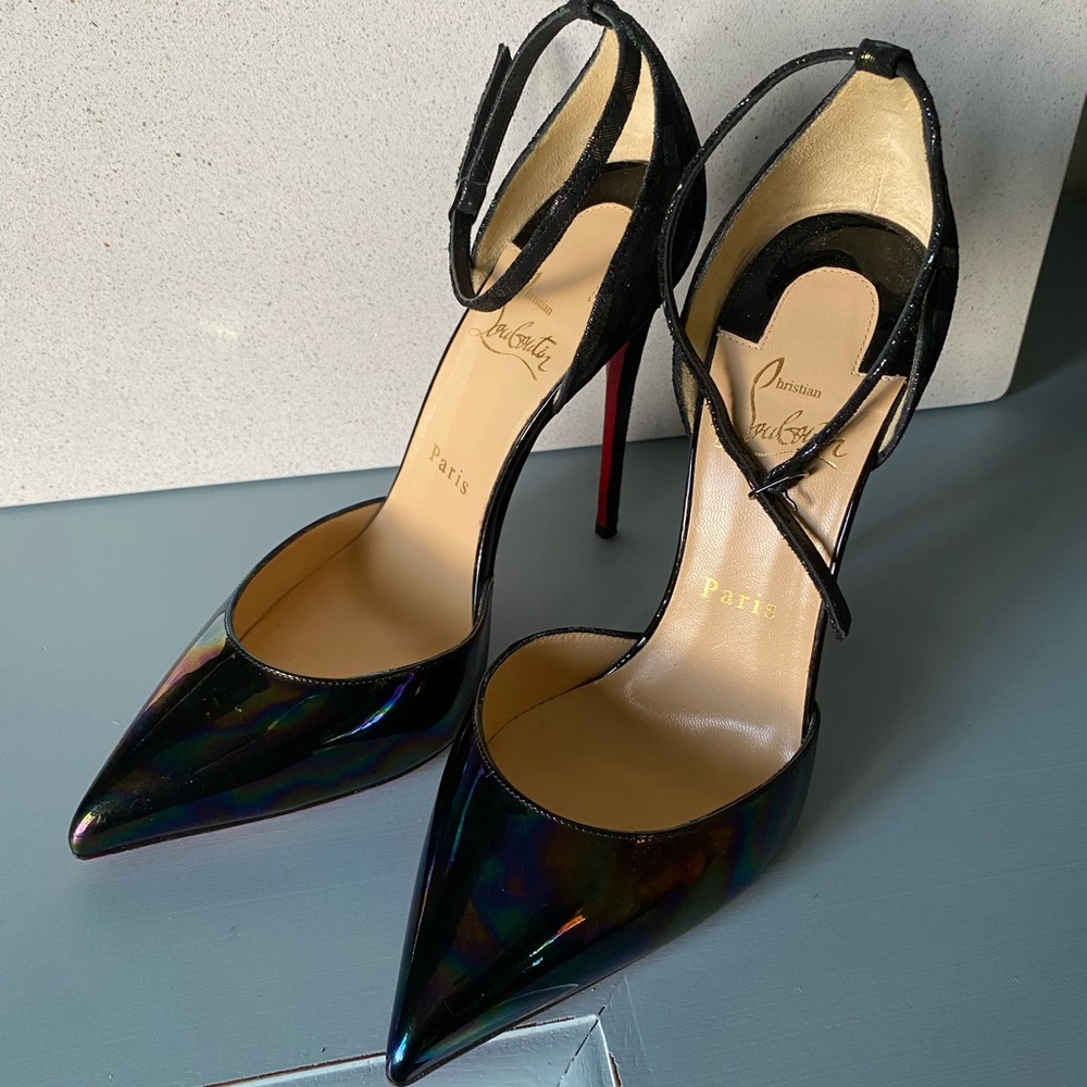Christian Louboutin Iridescent Black Pointed-Toe Ankle-Strap Pumps